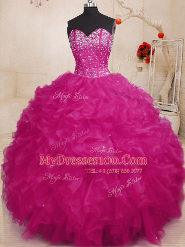 Fitting Floor Length Ball Gowns Sleeveless Fuchsia 15th Birthday Dress Lace Up