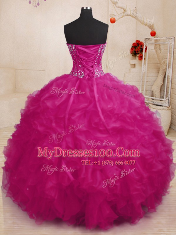 Fitting Floor Length Ball Gowns Sleeveless Fuchsia 15th Birthday Dress Lace Up