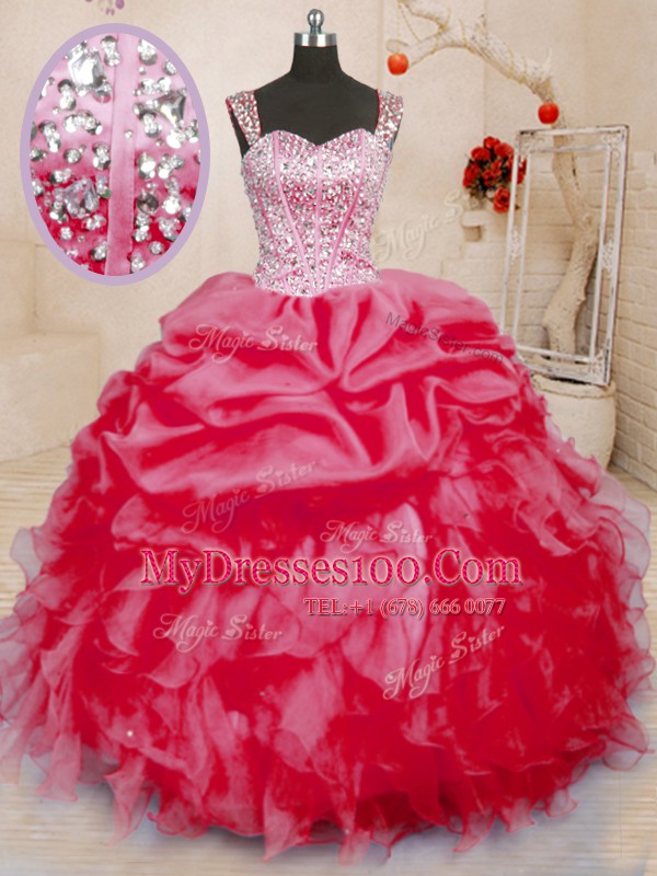 Fashion Sleeveless Floor Length Beading and Ruffles and Pick Ups Lace Up Vestidos de Quinceanera with Coral Red