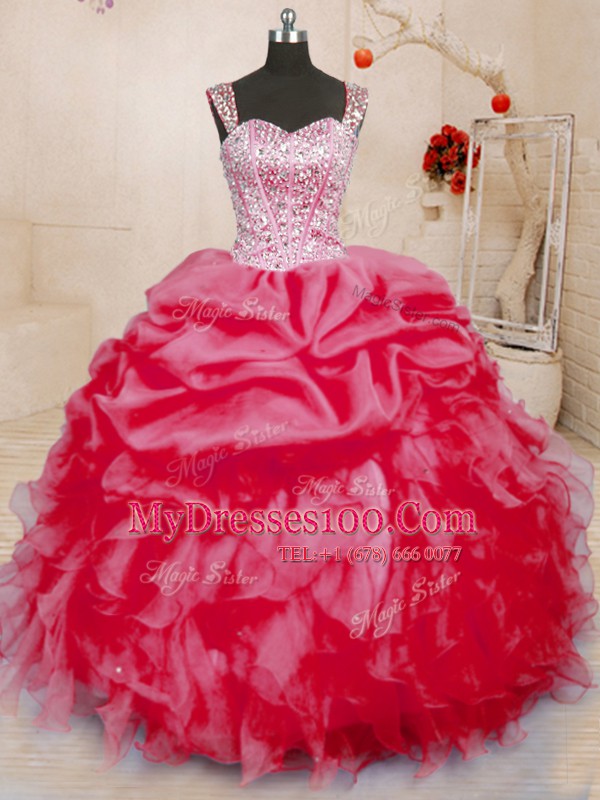 Fashion Sleeveless Floor Length Beading and Ruffles and Pick Ups Lace Up Vestidos de Quinceanera with Coral Red