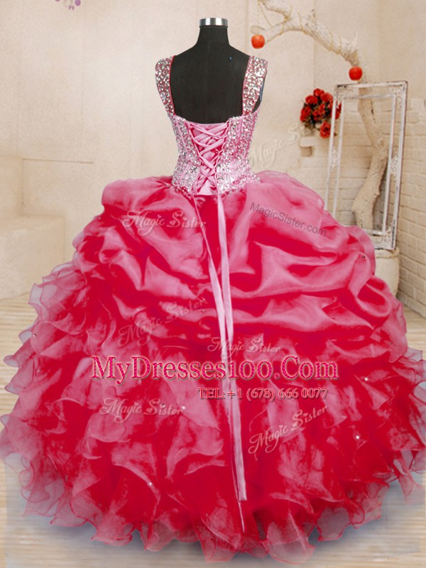 Fashion Sleeveless Floor Length Beading and Ruffles and Pick Ups Lace Up Vestidos de Quinceanera with Coral Red