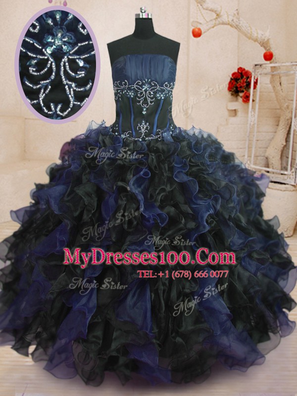 Blue And Black Sleeveless Beading and Ruffles Floor Length Quinceanera Dresses