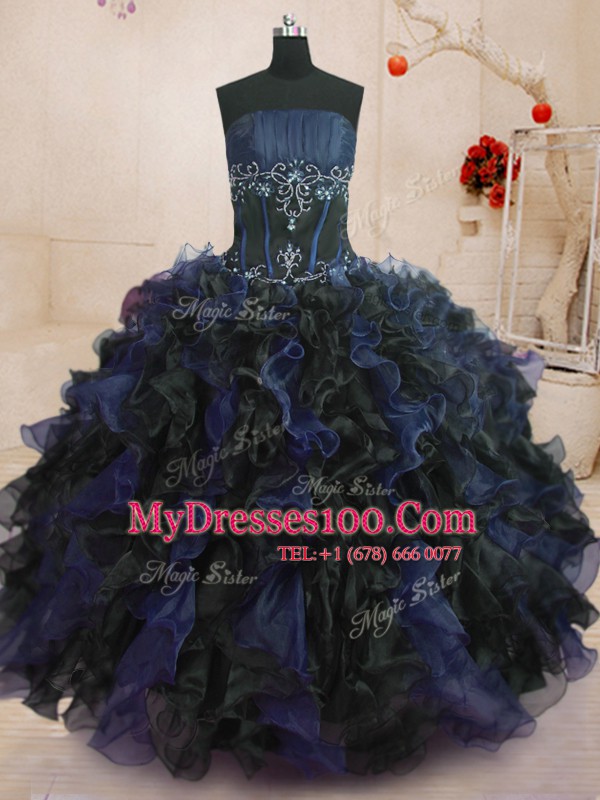 Blue And Black Sleeveless Beading and Ruffles Floor Length Quinceanera Dresses