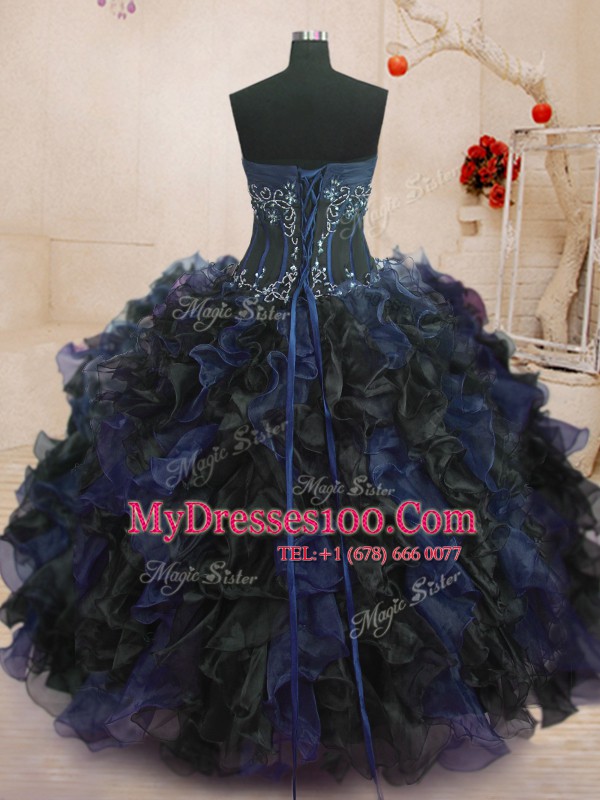 Blue And Black Sleeveless Beading and Ruffles Floor Length Quinceanera Dresses
