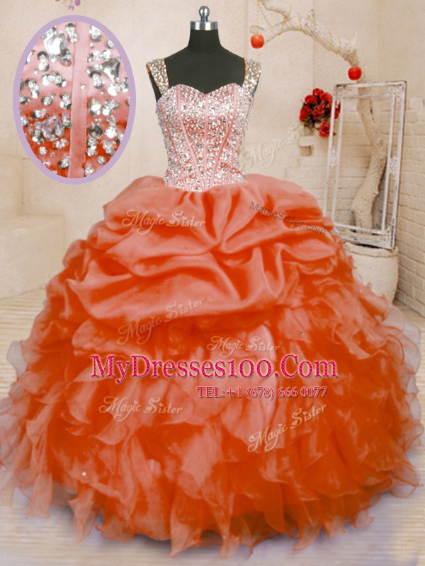 Exquisite Orange Red Organza Lace Up Straps Sleeveless Floor Length Quinceanera Gowns Beading and Ruffles and Pick Ups