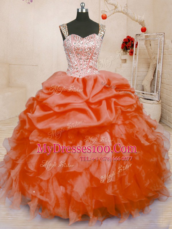 Exquisite Orange Red Organza Lace Up Straps Sleeveless Floor Length Quinceanera Gowns Beading and Ruffles and Pick Ups