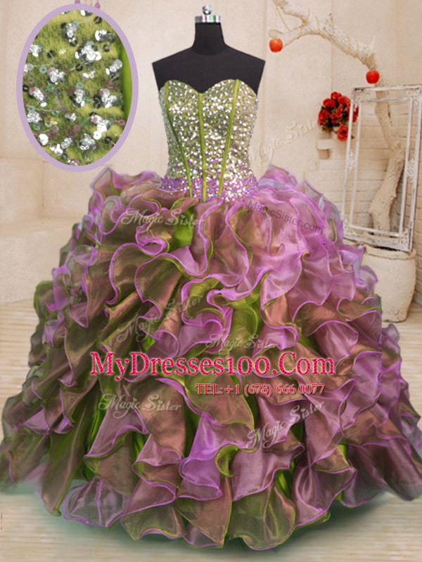 Sleeveless Organza Floor Length Side Zipper 15 Quinceanera Dress in Multi-color with Beading and Ruffles