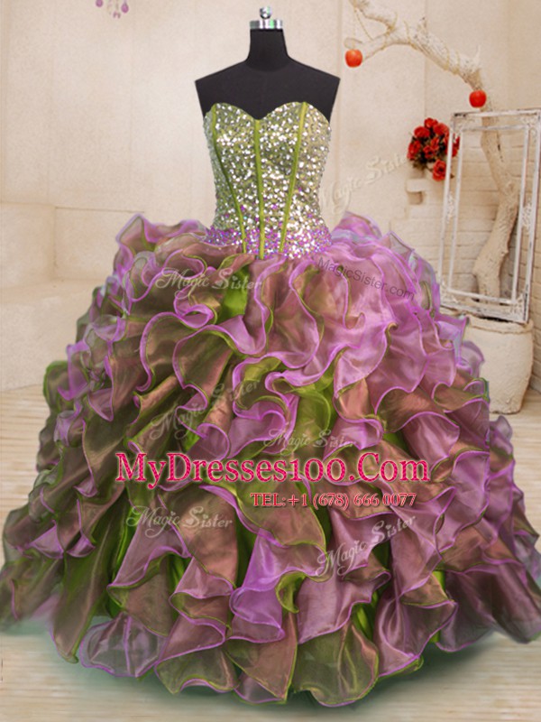 Sleeveless Organza Floor Length Side Zipper 15 Quinceanera Dress in Multi-color with Beading and Ruffles