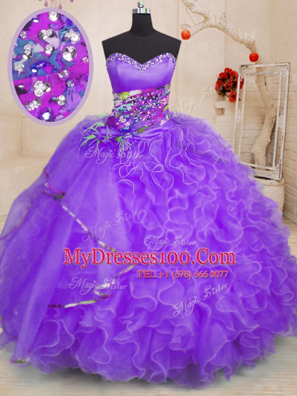 Flare Floor Length Lavender Quinceanera Dress Organza Sleeveless Beading and Ruffles