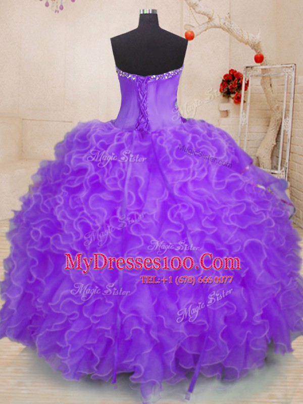Flare Floor Length Lavender Quinceanera Dress Organza Sleeveless Beading and Ruffles