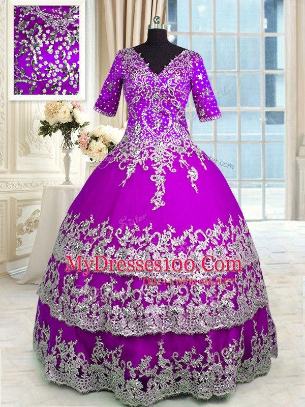 Ideal Ruffled Purple Half Sleeves Satin and Tulle Zipper 15 Quinceanera Dress for Military Ball and Sweet 16 and Quinceanera