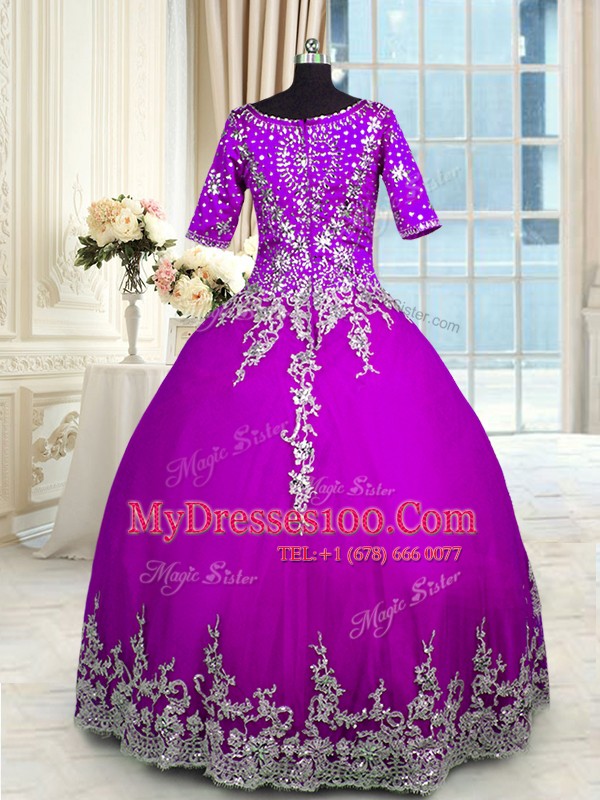 Ideal Ruffled Purple Half Sleeves Satin and Tulle Zipper 15 Quinceanera Dress for Military Ball and Sweet 16 and Quinceanera