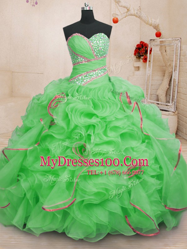 Sleeveless Organza With Brush Train Lace Up Sweet 16 Quinceanera Dress in with Beading and Ruffles