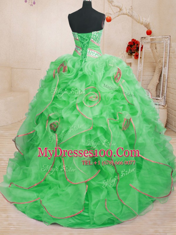 Sleeveless Organza With Brush Train Lace Up Sweet 16 Quinceanera Dress in with Beading and Ruffles