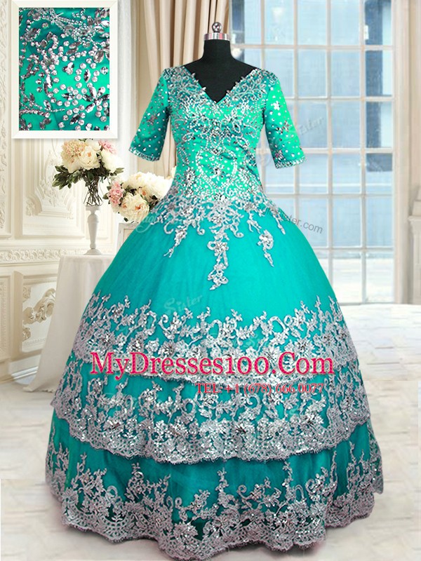 Pretty Satin V-neck Half Sleeves Zipper Beading and Lace and Appliques and Ruffled Layers Quinceanera Gown in Turquoise