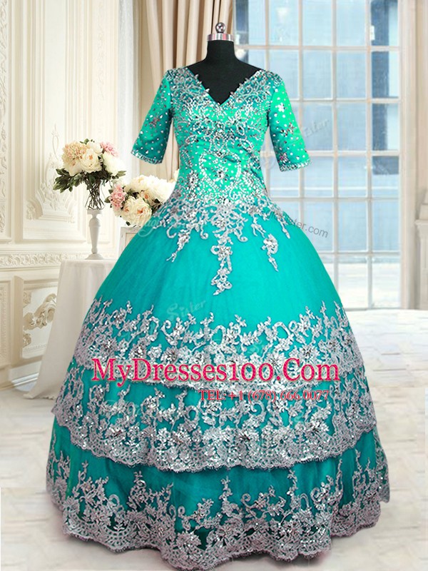 Pretty Satin V-neck Half Sleeves Zipper Beading and Lace and Appliques and Ruffled Layers Quinceanera Gown in Turquoise