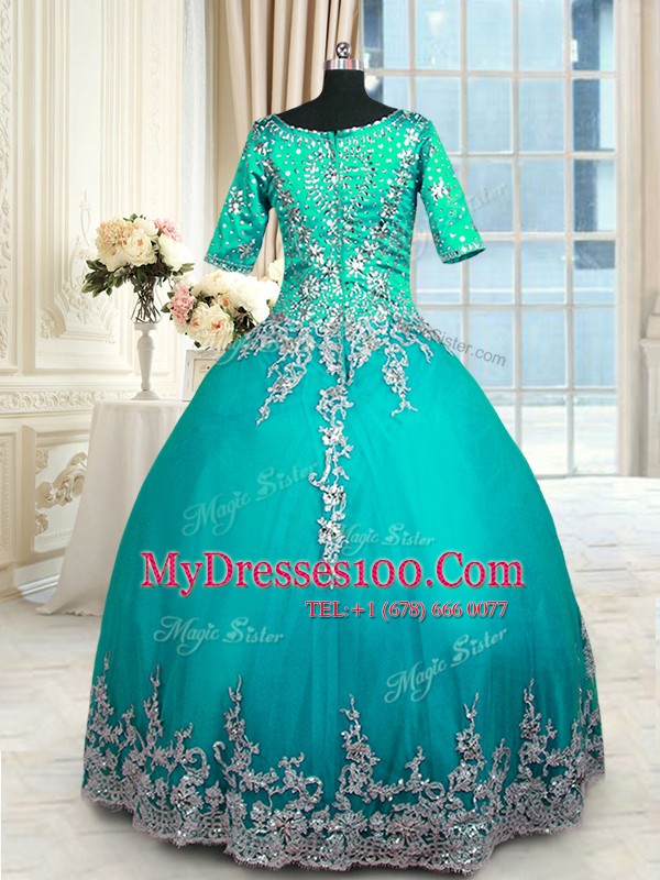 Pretty Satin V-neck Half Sleeves Zipper Beading and Lace and Appliques and Ruffled Layers Quinceanera Gown in Turquoise