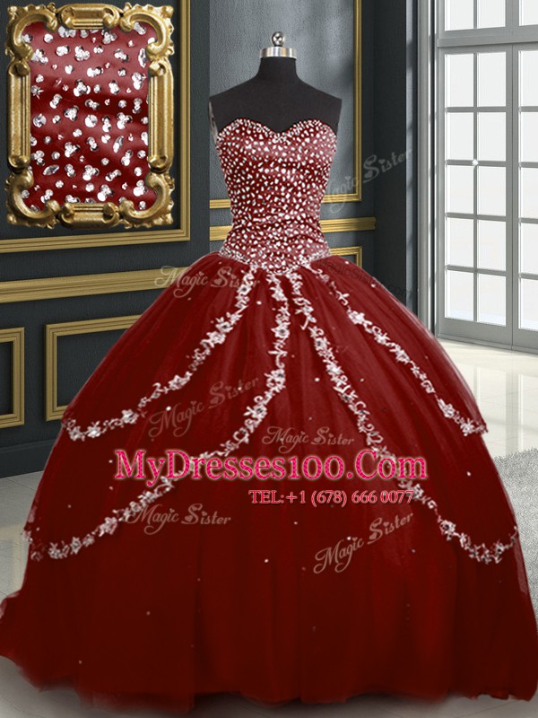 Chic Burgundy Lace Up Quinceanera Gown Beading and Appliques Sleeveless With Brush Train