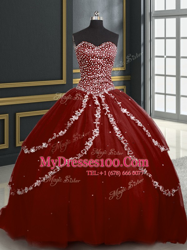 Chic Burgundy Lace Up Quinceanera Gown Beading and Appliques Sleeveless With Brush Train