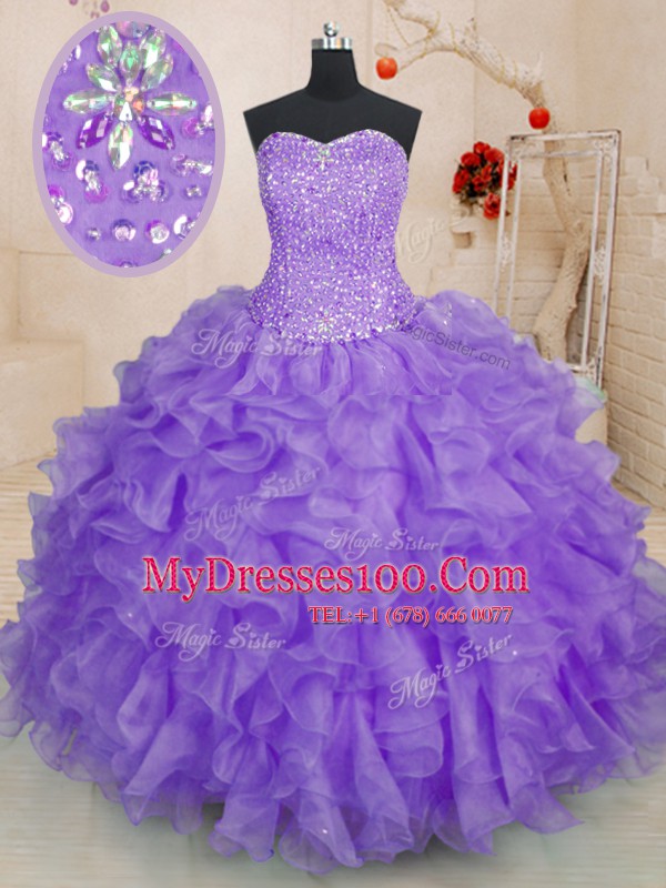 Lavender Lace Up Sweetheart Beading and Ruffles Quinceanera Gown Organza Sleeveless