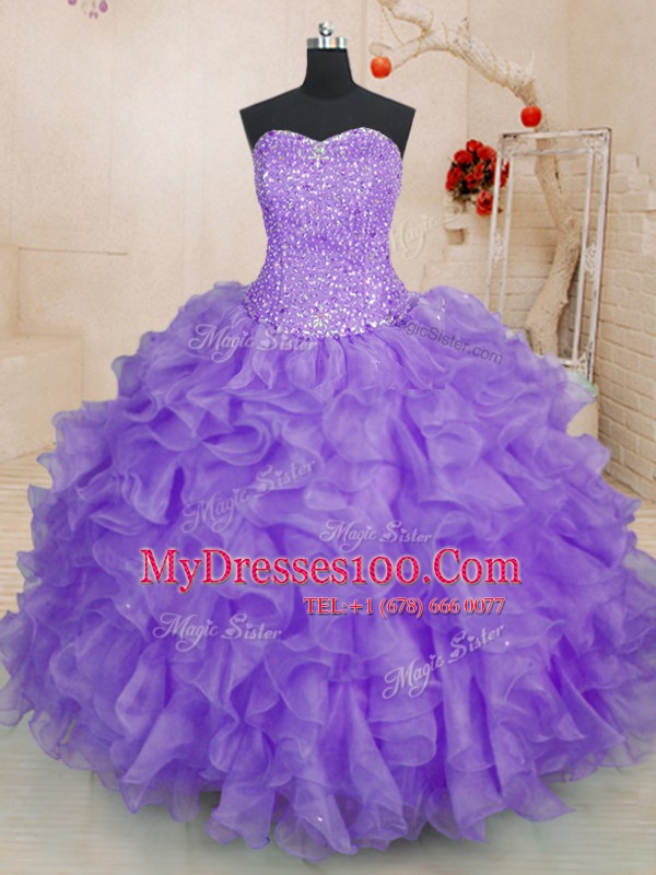 Lavender Lace Up Sweetheart Beading and Ruffles Quinceanera Gown Organza Sleeveless