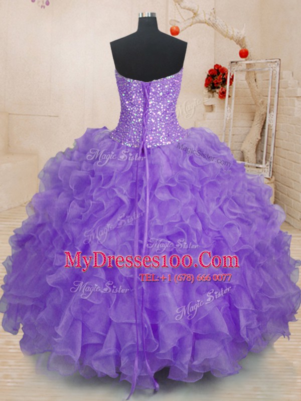 Lavender Lace Up Sweetheart Beading and Ruffles Quinceanera Gown Organza Sleeveless