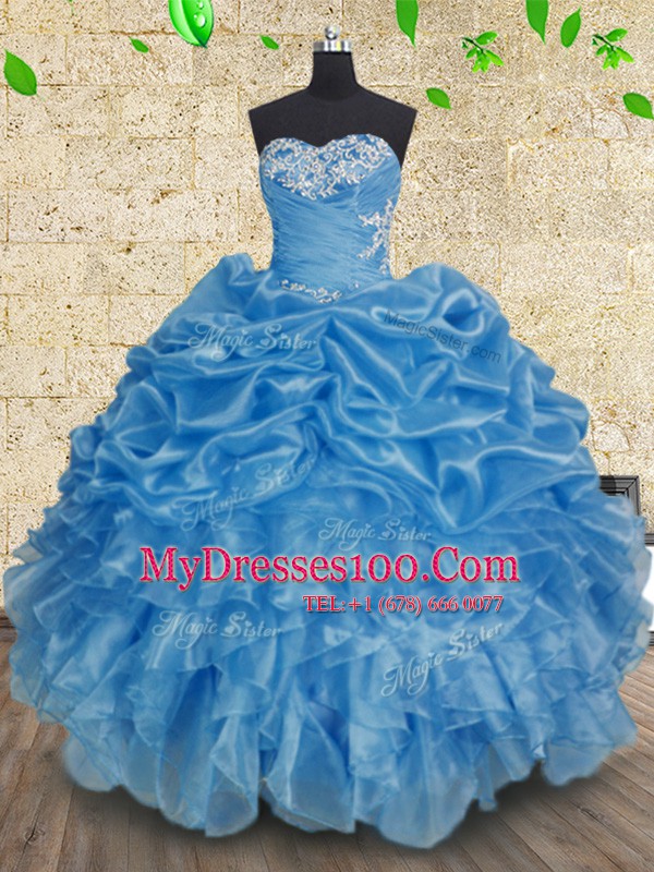 Low Price Baby Blue Sweetheart Neckline Beading and Appliques and Ruffles and Ruching Ball Gown Prom Dress Sleeveless Lace Up