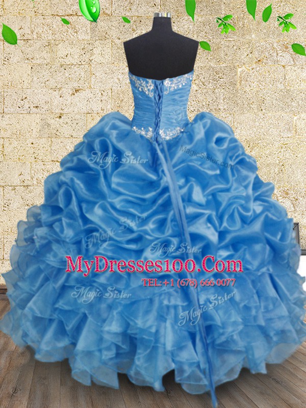 Low Price Baby Blue Sweetheart Neckline Beading and Appliques and Ruffles and Ruching Ball Gown Prom Dress Sleeveless Lace Up