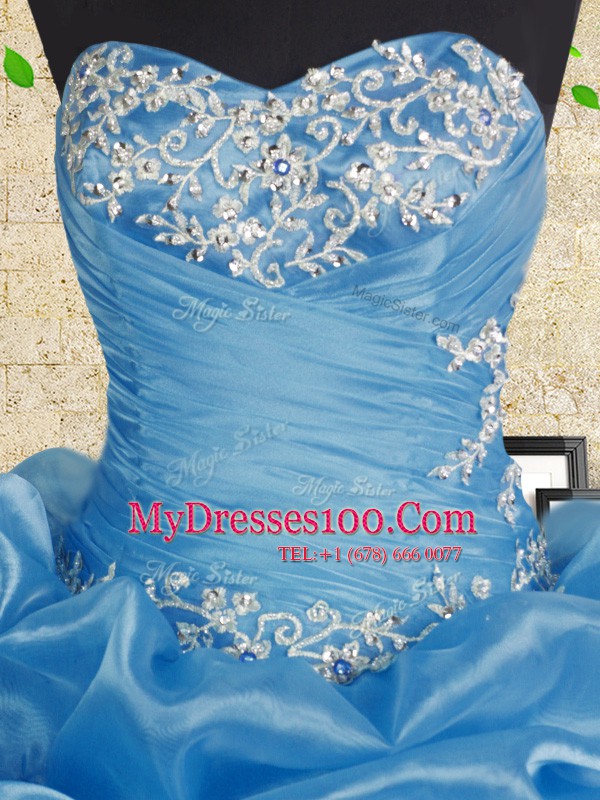 Low Price Baby Blue Sweetheart Neckline Beading and Appliques and Ruffles and Ruching Ball Gown Prom Dress Sleeveless Lace Up