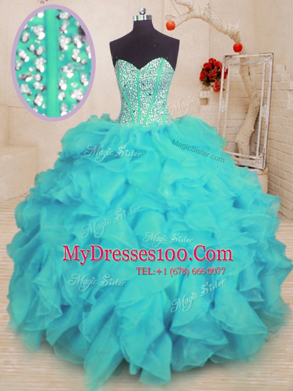 Sleeveless Organza Floor Length Lace Up Vestidos de Quinceanera in Aqua Blue with Beading and Ruffles