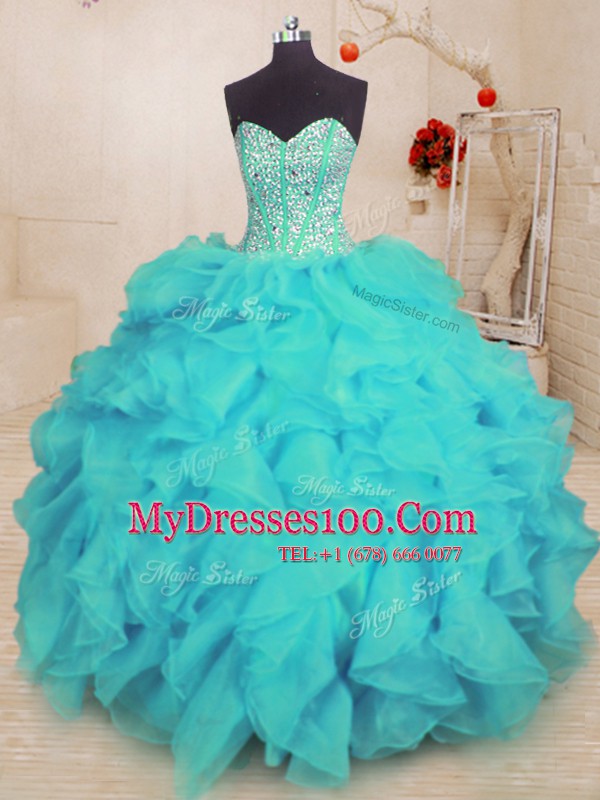Sleeveless Organza Floor Length Lace Up Vestidos de Quinceanera in Aqua Blue with Beading and Ruffles