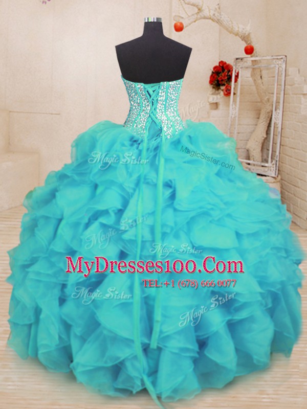 Sleeveless Organza Floor Length Lace Up Vestidos de Quinceanera in Aqua Blue with Beading and Ruffles