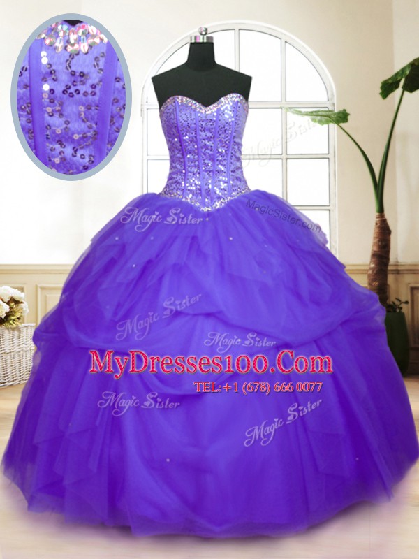 Wonderful Purple Sweetheart Neckline Sequins and Pick Ups Quinceanera Gown Sleeveless Lace Up