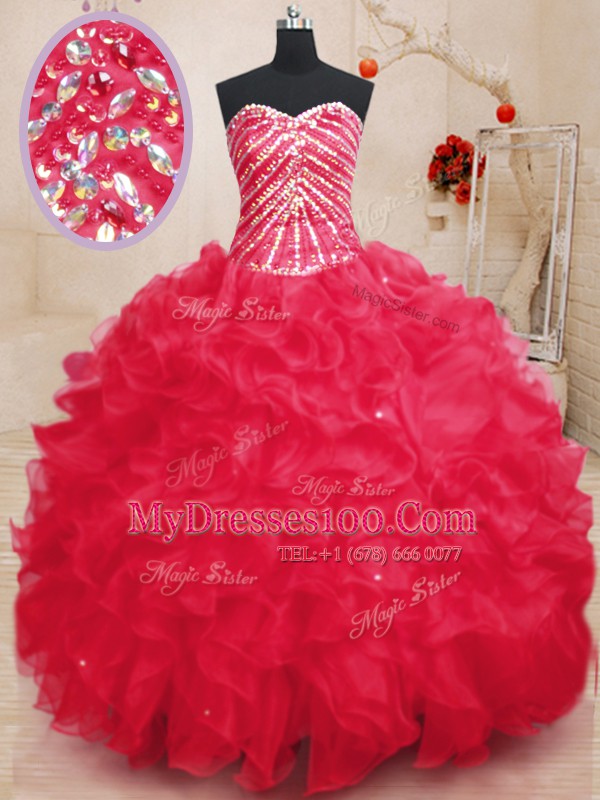 Flirting Sequins Coral Red Sleeveless Organza Lace Up Quinceanera Dresses for Military Ball and Sweet 16 and Quinceanera