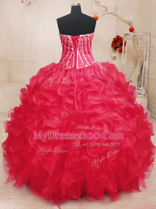 Flirting Sequins Coral Red Sleeveless Organza Lace Up Quinceanera Dresses for Military Ball and Sweet 16 and Quinceanera