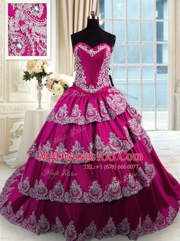 Modern Fuchsia Lace Up Sweetheart Beading and Appliques and Embroidery and Ruffled Layers Quinceanera Gown Taffeta Sleeveless Court Train