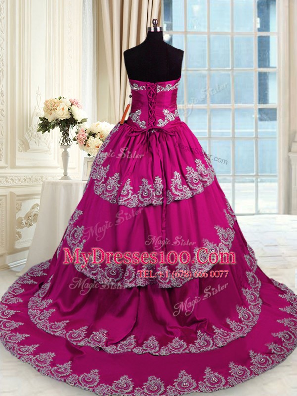 Modern Fuchsia Lace Up Sweetheart Beading and Appliques and Embroidery and Ruffled Layers Quinceanera Gown Taffeta Sleeveless Court Train