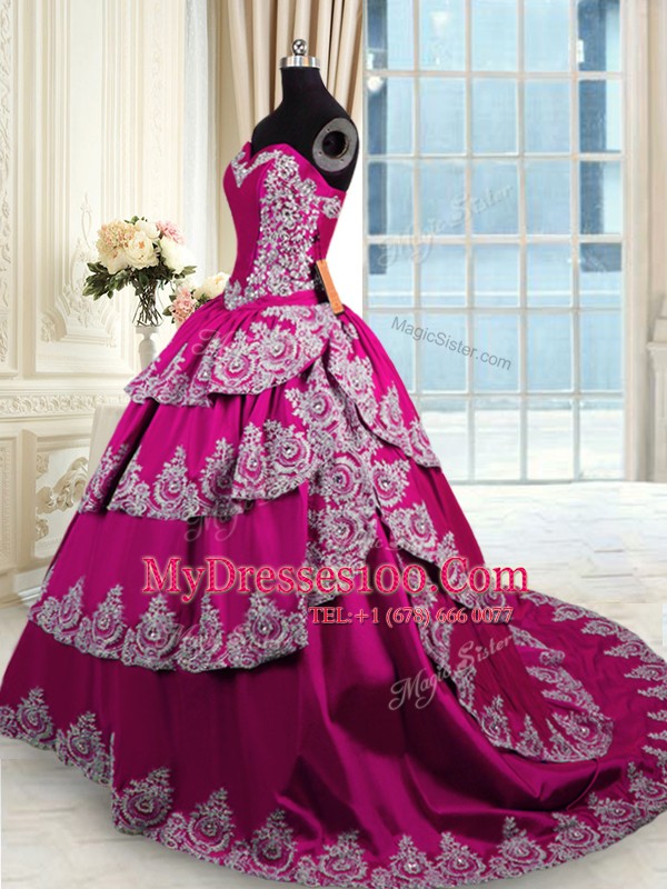 Modern Fuchsia Lace Up Sweetheart Beading and Appliques and Embroidery and Ruffled Layers Quinceanera Gown Taffeta Sleeveless Court Train