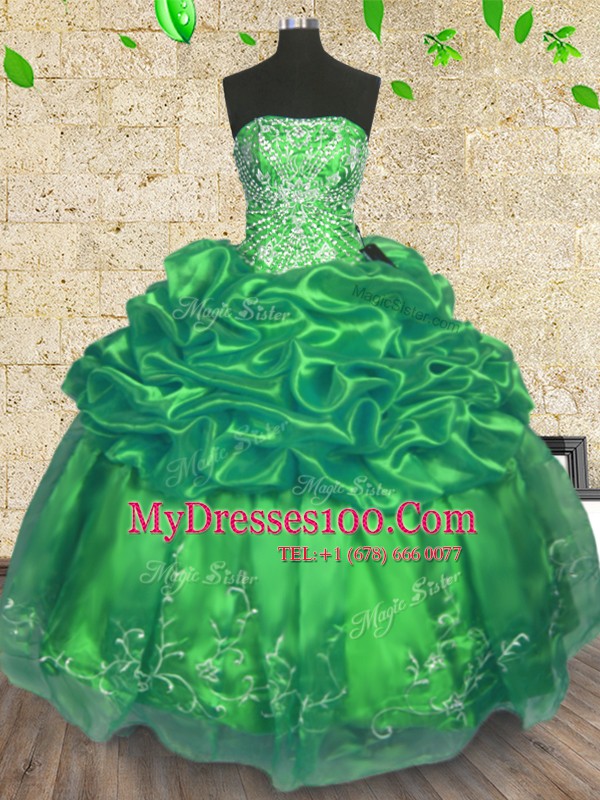 Comfortable Floor Length Lace Up Quinceanera Dresses Green for Military Ball and Sweet 16 and Quinceanera with Beading and Embroidery