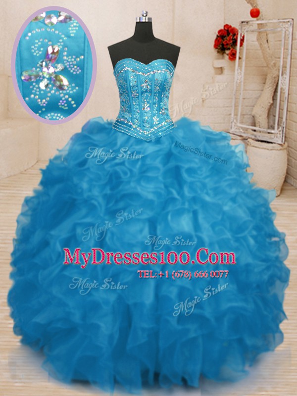 Sleeveless Floor Length Beading and Ruffles Lace Up 15 Quinceanera Dress with Baby Blue