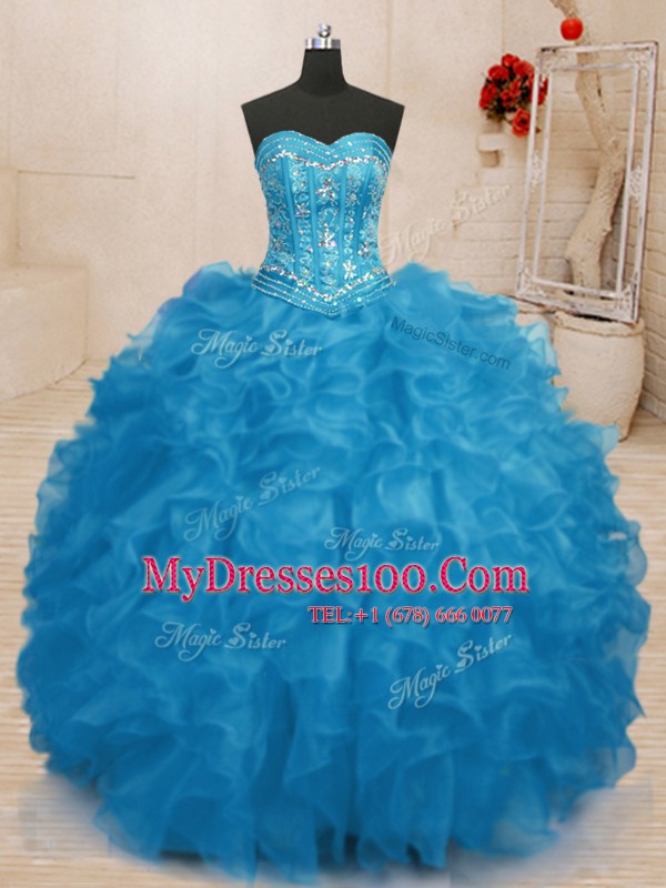 Sleeveless Floor Length Beading and Ruffles Lace Up 15 Quinceanera Dress with Baby Blue