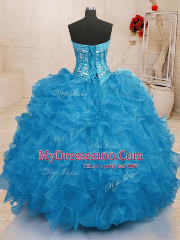Sleeveless Floor Length Beading and Ruffles Lace Up 15 Quinceanera Dress with Baby Blue