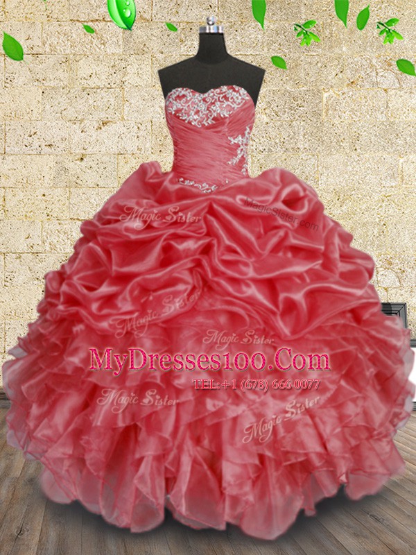 Smart Organza Sleeveless Floor Length 15th Birthday Dress and Beading and Appliques and Ruffles and Ruching