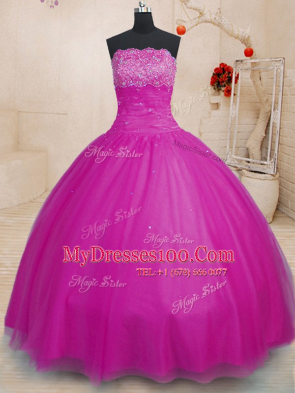 Fuchsia Lace Up Sweet 16 Dresses Beading Sleeveless Floor Length