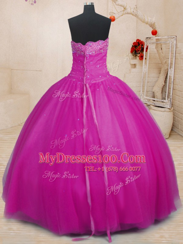 Fuchsia Lace Up Sweet 16 Dresses Beading Sleeveless Floor Length