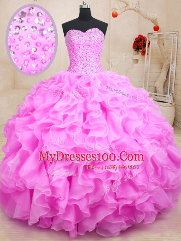 Suitable Sleeveless Organza Floor Length Lace Up Quinceanera Gowns in Rose Pink with Beading and Ruffles