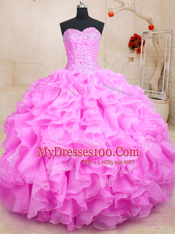 Suitable Sleeveless Organza Floor Length Lace Up Quinceanera Gowns in Rose Pink with Beading and Ruffles