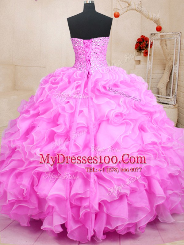 Suitable Sleeveless Organza Floor Length Lace Up Quinceanera Gowns in Rose Pink with Beading and Ruffles
