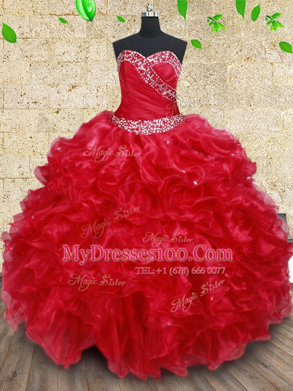 Simple Floor Length Ball Gowns Sleeveless Red Quinceanera Dresses Lace Up