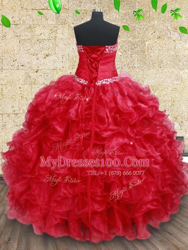 Simple Floor Length Ball Gowns Sleeveless Red Quinceanera Dresses Lace Up
